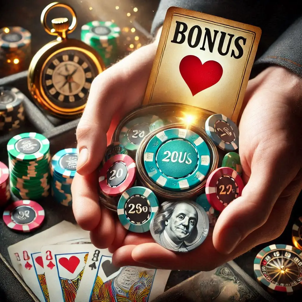 bonus et jetons dans les mains d'un joueur de GOLDENVEGAS CASINO